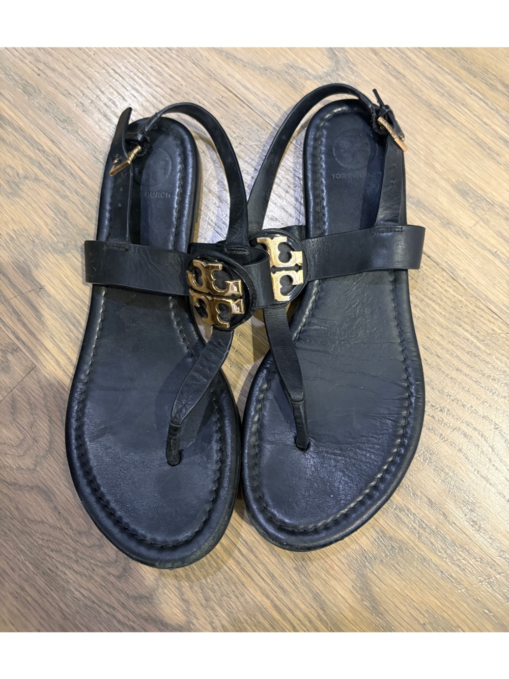 Tory Burch Black Leather Logo Thong Sandals with Gold Hardware